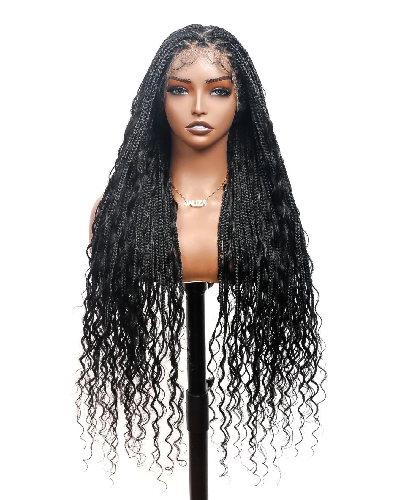Human Hair Boho Curls 36\" HD Full Lace Knotless Boho Box Braided Wig Full Density 99 Strands